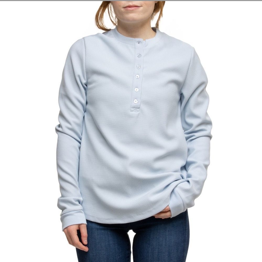 Lands End Skyway Blue Soft Waffle Crew Long Sleeve Quarter Button Henley Top